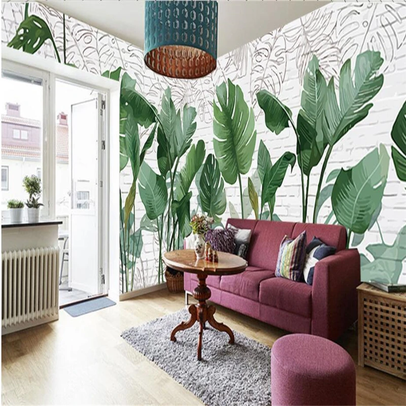 

beibehang Custom 3d wallpapers Nordic hand painted brick wall plant banana leaves wallpaper wallpaper in the living room TV