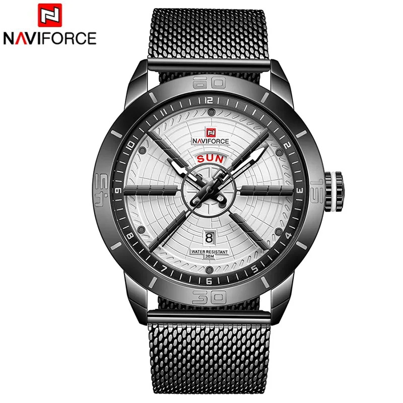 Black Black White NAVIFORCE, мужские часы, кварцевые, с датой, нержавеющая сталь, водонепроницаемые часы, мужские, синие, люксовый бренд, мужские наручные часы, мужские часы - Цвет: Black Black White