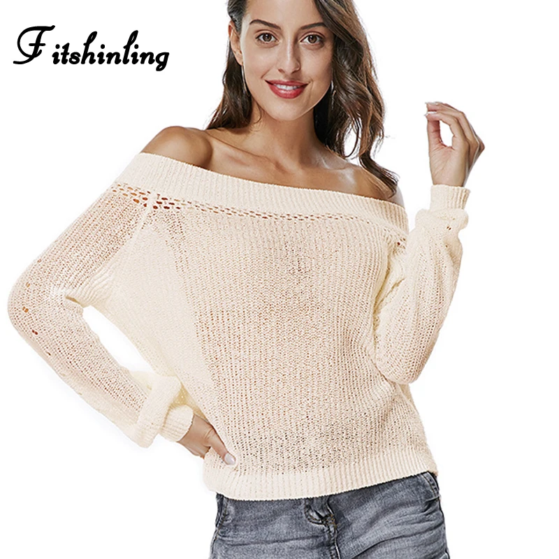 Fitshinling Korean knitted sweaters fashion 2018 women autumn clothing lantern sleeve off shoulder sweater ladies sexy jumpers | Женская