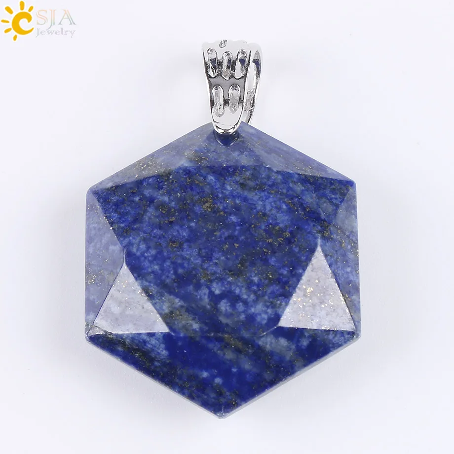 Lapis Lazuli CSJA Ограненный гексагональный натуральный драгоценный камень ожерелья и подвески опал лазурит розовый с кварцевым тигровым глазом чакра рейки ювелирные изделия E643 - Окраска металла: Lapis Lazuli