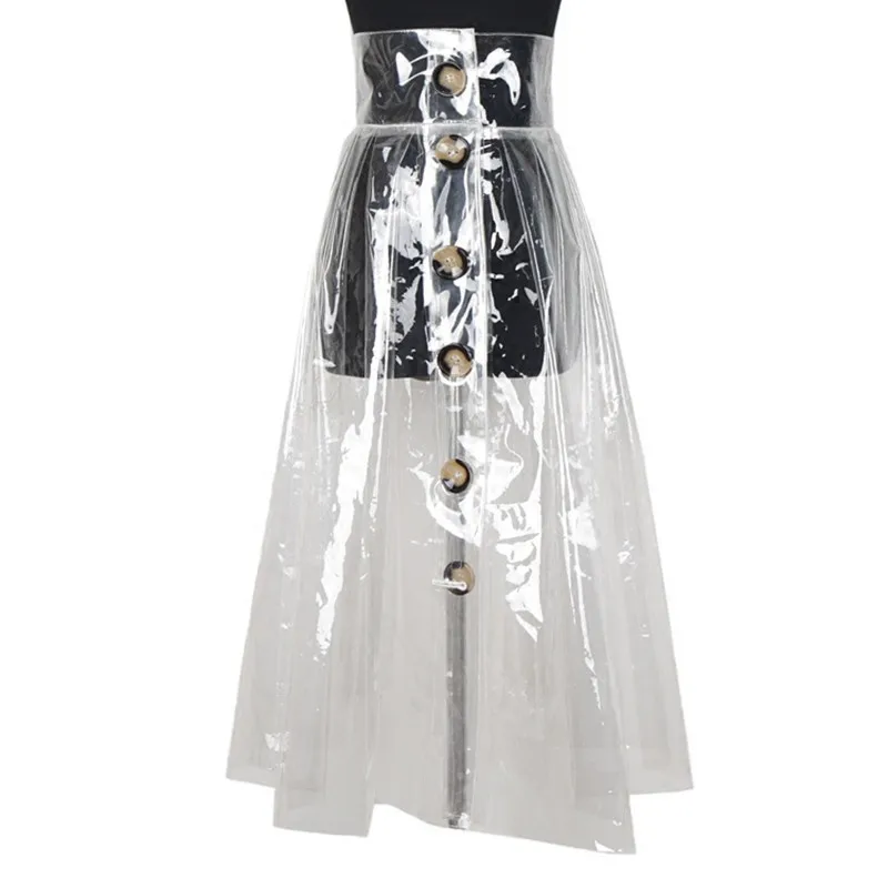 

Johnature 2021 Transparent PVC Plastic Empire Single-breasted Skirt Summer New Button Pockets Knee-length Fashion Women Skirt
