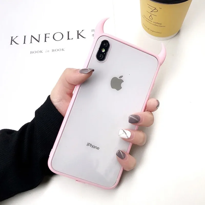 Pink 3D роскошный чехол для телефона Devil Horns для iPhone 6 6Plus 6s 6Plus 7 7Plus 8 8Plus X XR XS Max милый черный красный акриловый чехол - Цвет: Pink