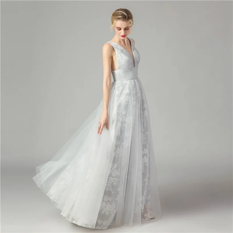 

Elegant 2019 Grey Lace Tulle Prom Dresses Sexy V neck Pleated Floor Length Evening Gown Sleeveless Illusion Formal Party Dresses