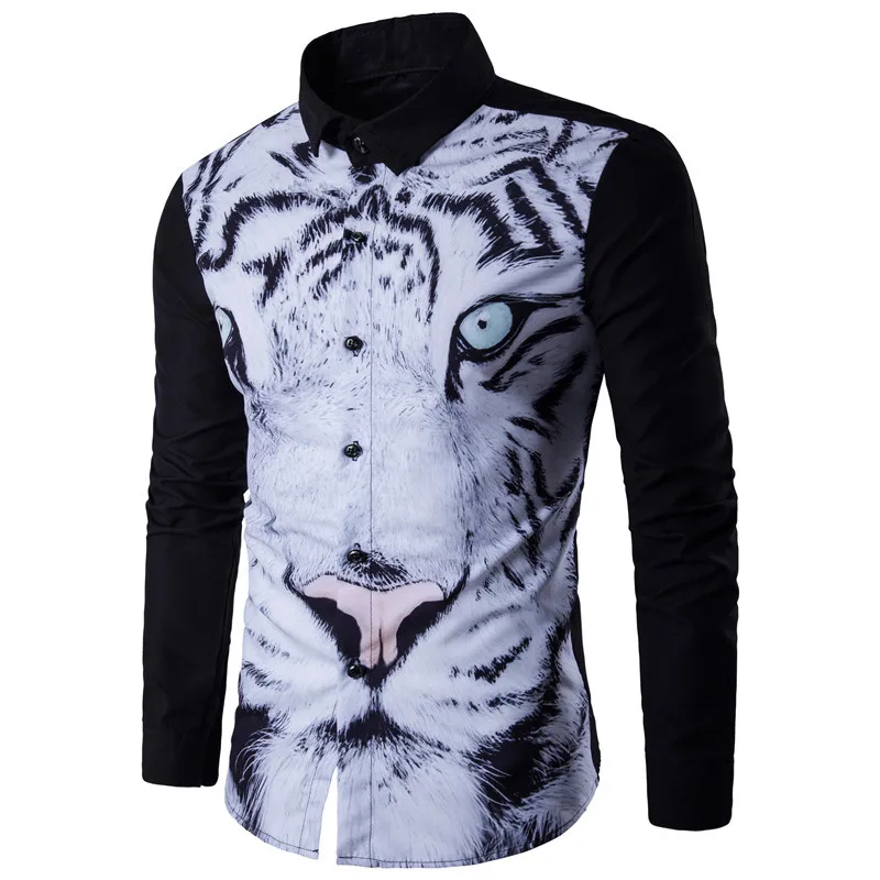 Мужская одежда рубашка Blusas Мода персонализированные белый Принт тигра с