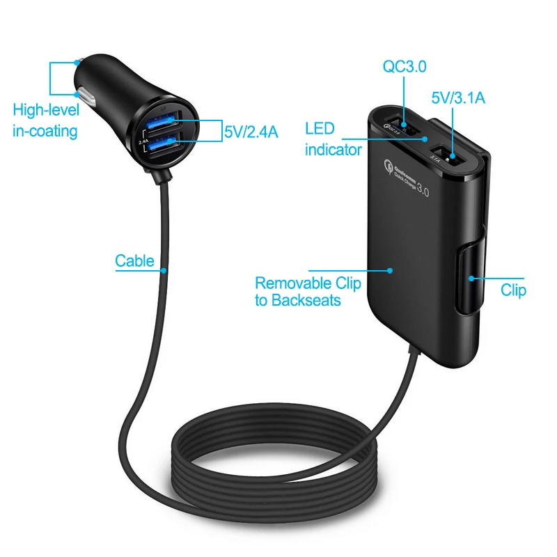 Powstro 3 0 Быстрая автомобильная зарядка + 2.4A 3.1A 4 USB части с удлинителем футов кабель