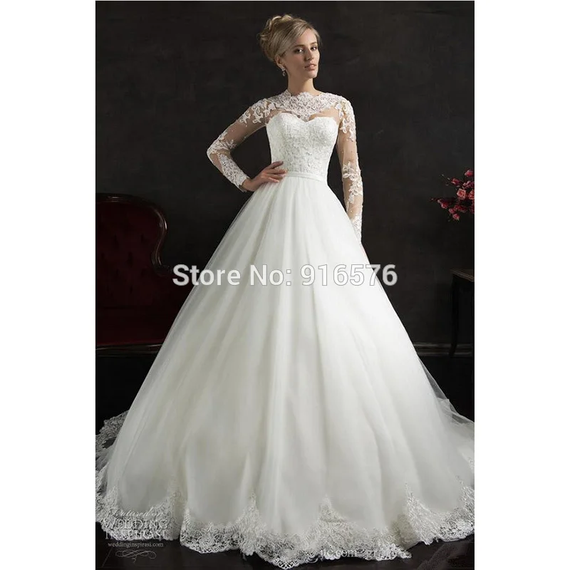 Роскошные Длинные Рукава Высокая Шея Тюль Бисероплетение Кружева Аппликации