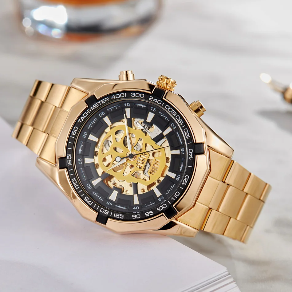 Классические Механические наручные часы с золотым черепом и скелетом мужские
