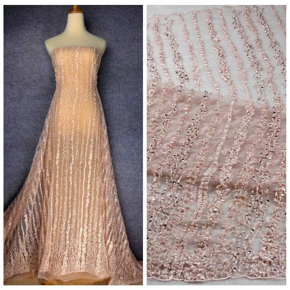 Light pink La Belleza 1 ярд розовый/слоновая кость/бежевый/телесный цвета супер тяжелый ручной работы бисером свадебный кружевной ткани - Цвет: Light pink