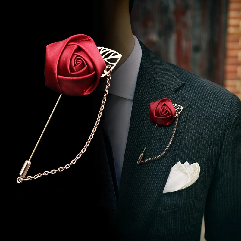 Bunga mawar merah pin kerah lelaki sejambak perkahwinan brooch buatan - Aksesori perkahwinan - Foto 1