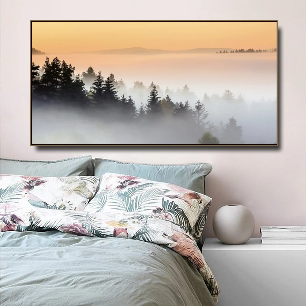 

Laeacco Nordic Fog Forest Birds Landscape Canvas Painting Poster Print Wall Art Decor Picture Living Room Home Office Decoration