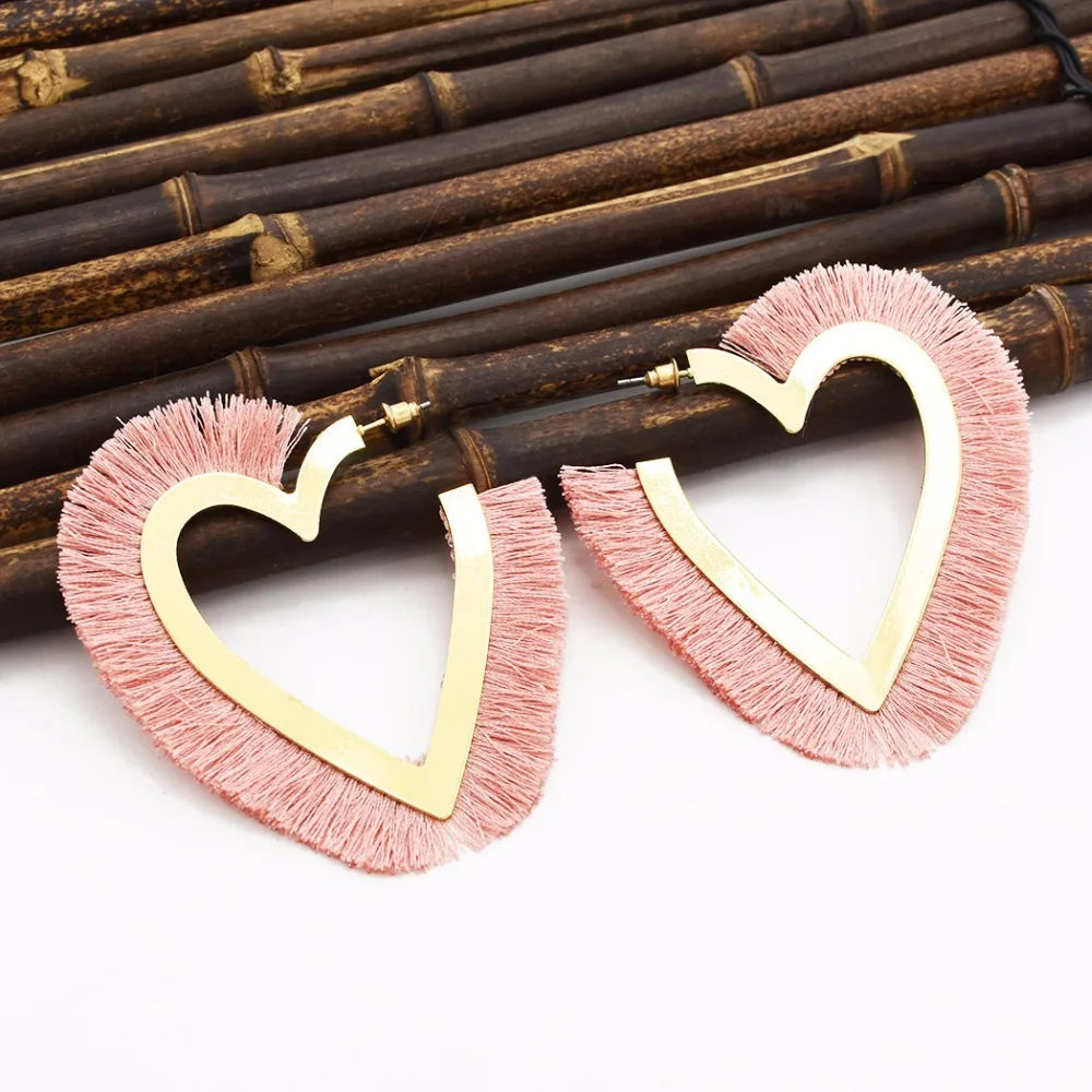 Bohemian Unique Heart Cotton Big Open Hoop Earrings for Women Wedding Party Red White Black Pink Thread Tassel Ears Jewelry | Украшения и