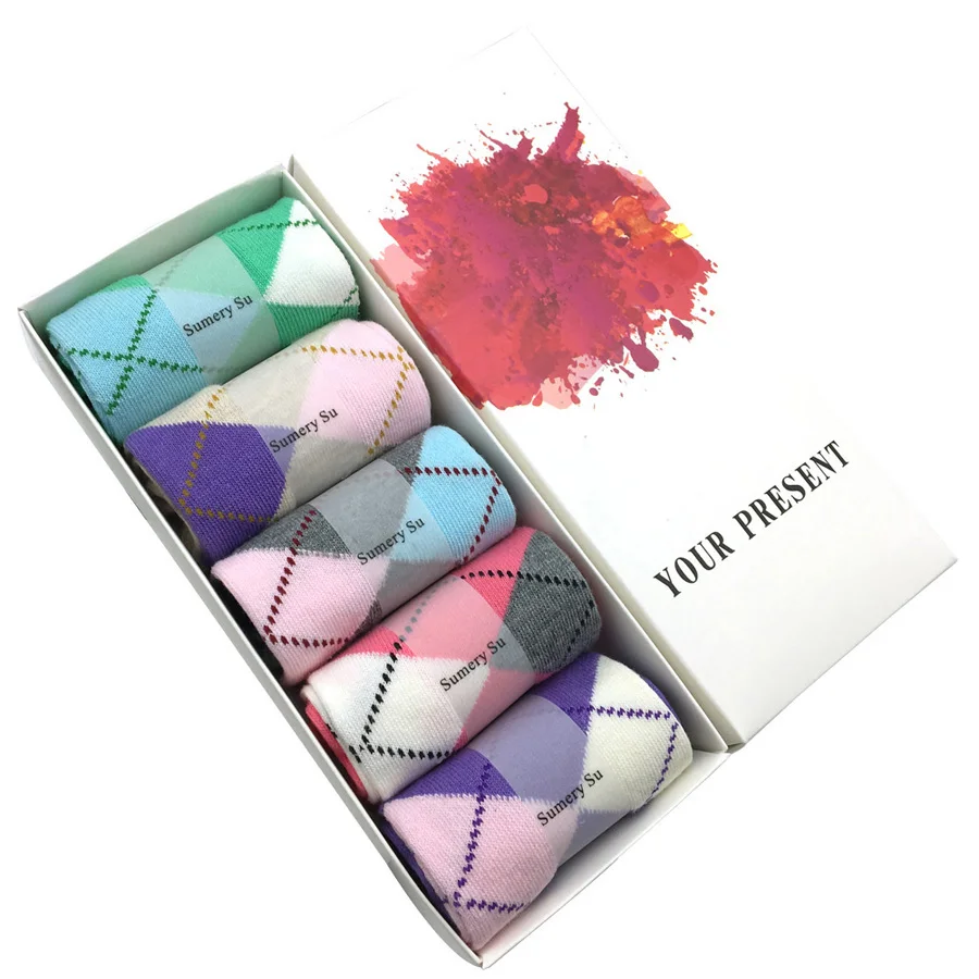 Style1 with Gift Box 5 пар/партия, яркие хлопковые носки Повседневные Дышащие длинные носки в стиле пэчворк для девочек Meias, очаровательные милые женские носки, подарок - Цвет: Style1 with Gift Box