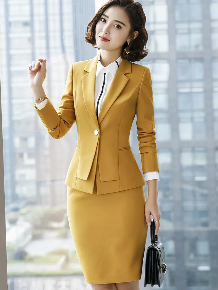 Yellow coat skirt Осень зима темперамент юбочные костюмы для женщин формальный бизнес с длинным рукавом Тонкий Блейзер и юбка офисная Дамская Рабочая одежда - Цвет: Yellow coat skirt
