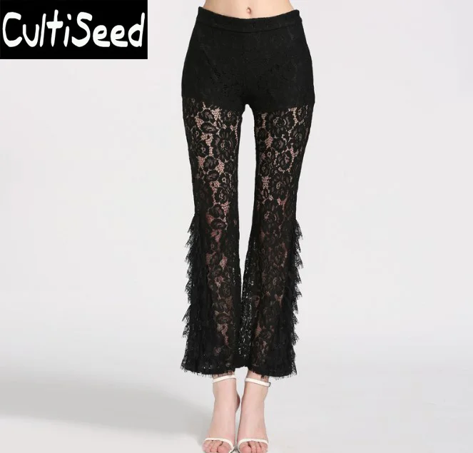 

2021Summer Female Sexy High Waist Hollow Out Perspective Lace Flare Pants Trousers Lady Lace Ankle Length Pants Trousers