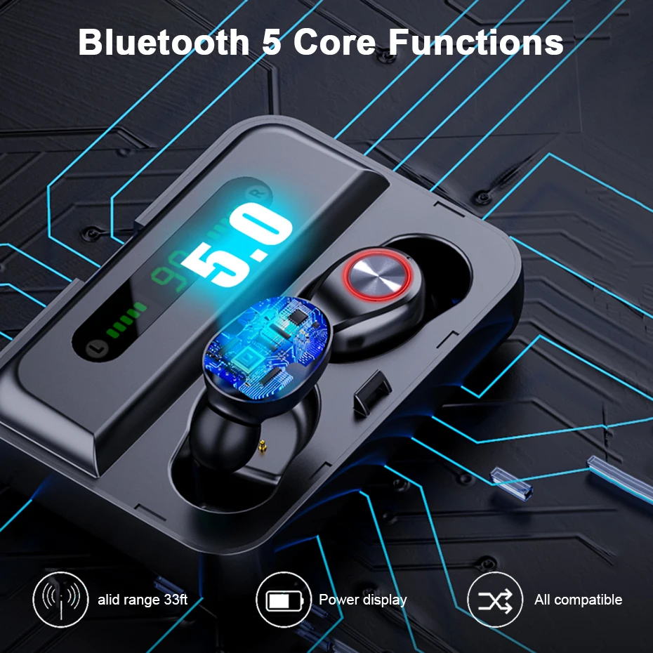 TWS 5 0 Bluetooth наушники 9D стерео беспроводные с светодиодный дисплеем IPX7