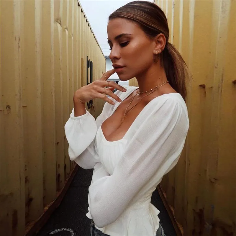 Женская рубашка с квадратным вырезом и рюшами однотонная блузка высокой талией