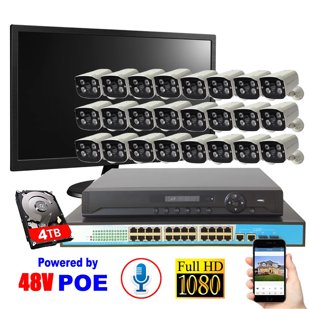 24CH безопасности Системы Voice + Водонепроницаемый ночного видения 4 ТБ HDD POE 1080 P