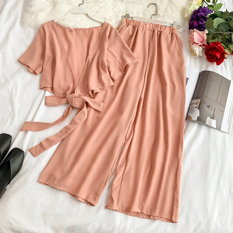 

2019 Summer New Fashion Women Sexy V Neck Lace-up Top + Loose Wide Leg Long Trouser Pants 2 piece Sets Black/Red/Pink/Blue