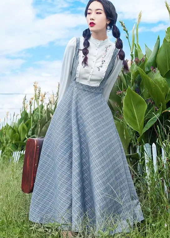 

High Quality Best-selling Autumn Winter New Arrival Stand Collar Flower Embroidery Color Block Plaid Woman Long Dress