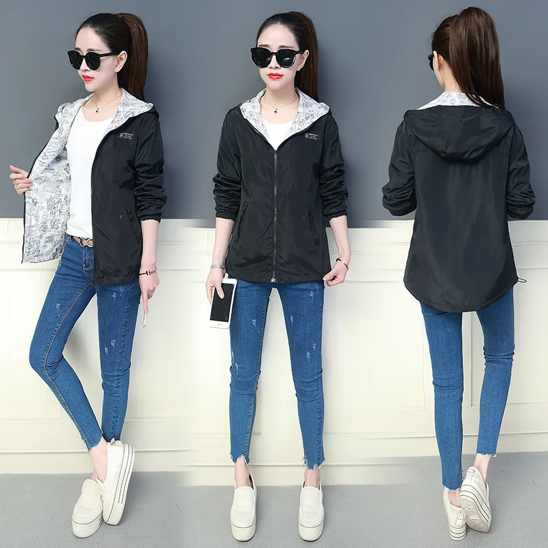 

Women Jackets Solid Wear On Both Sides Women Coats Zipper bomber jacket Hooded Casual Windbreaker Classic Jacket
