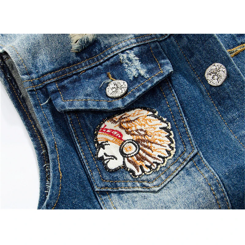 Джинсовый жилет с вышивкой в виде персонажа мужской повседневный мотоциклетный