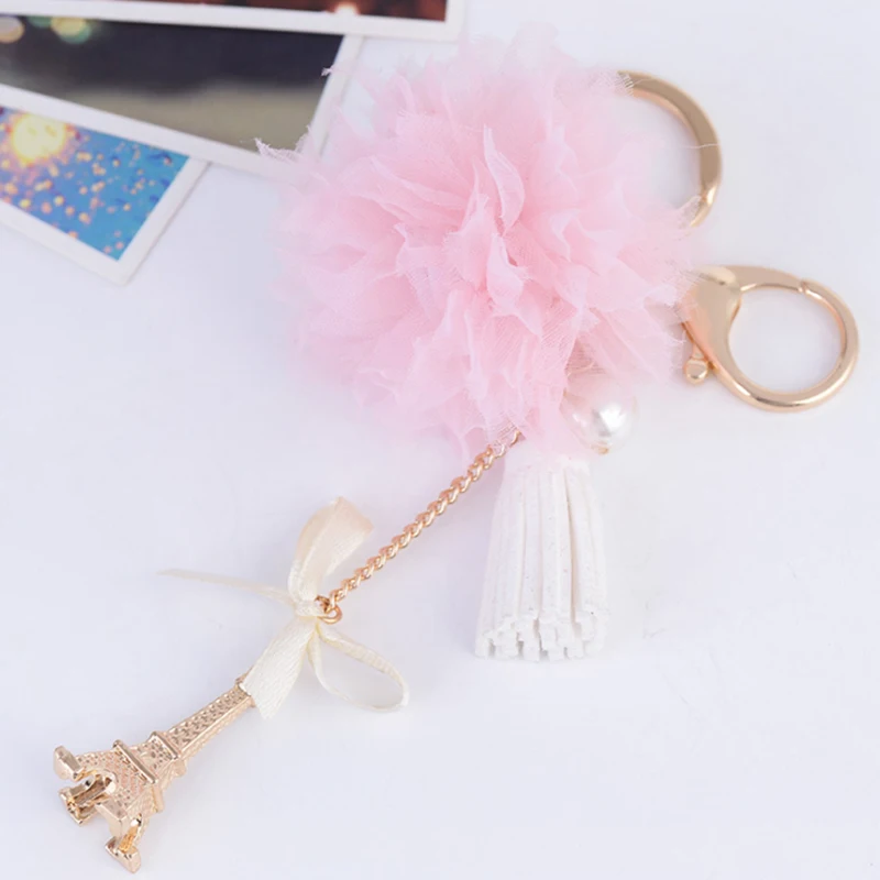 Creative Pom Lace Flower Keychain Bow Pearl Tower Pendant Leather Tassels Women Car Key Chain Ring Holder Trendy Jewelry | Украшения и