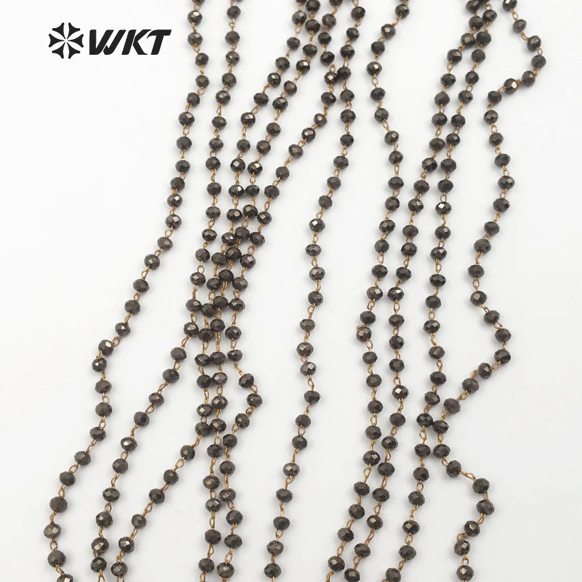 

WT-RBC051 WKT Sparking Tiny Beads Chain Light Black Faceted Beads With Gold Wire Rosary Chain Wholesale 10 Meter 2mm Beads Chain