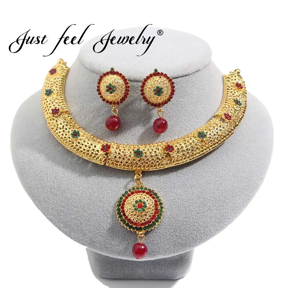 

JUST FEEL Indian Arab Dubai Jewelry Sets For Women Ethiopian Wedding Fashion Imitation Pearl Crystal Beads Necklace Earrings Set