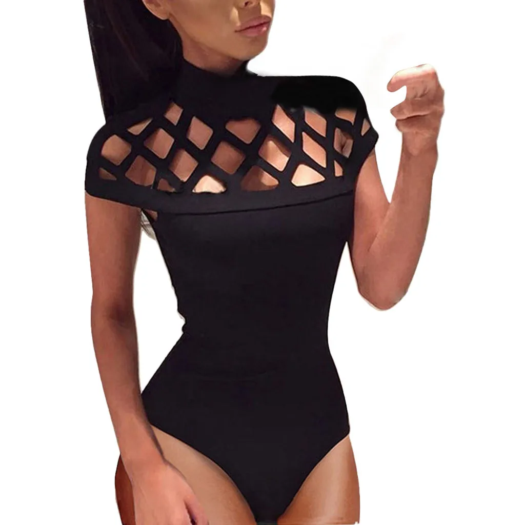 Черный Страуса 5XL женский черный комбинезон чокер Высокая шея Bodycon клетчатые рукава комбинезон боди Топы женские s ползунки - Цвет: Черный