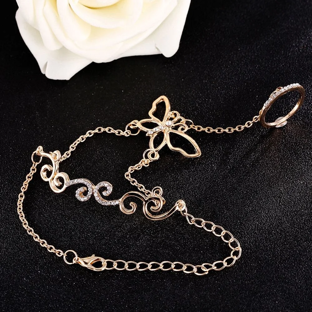 Mujer Anillo модный браслет с кристаллами и бабочками цепочка на запястье золотой