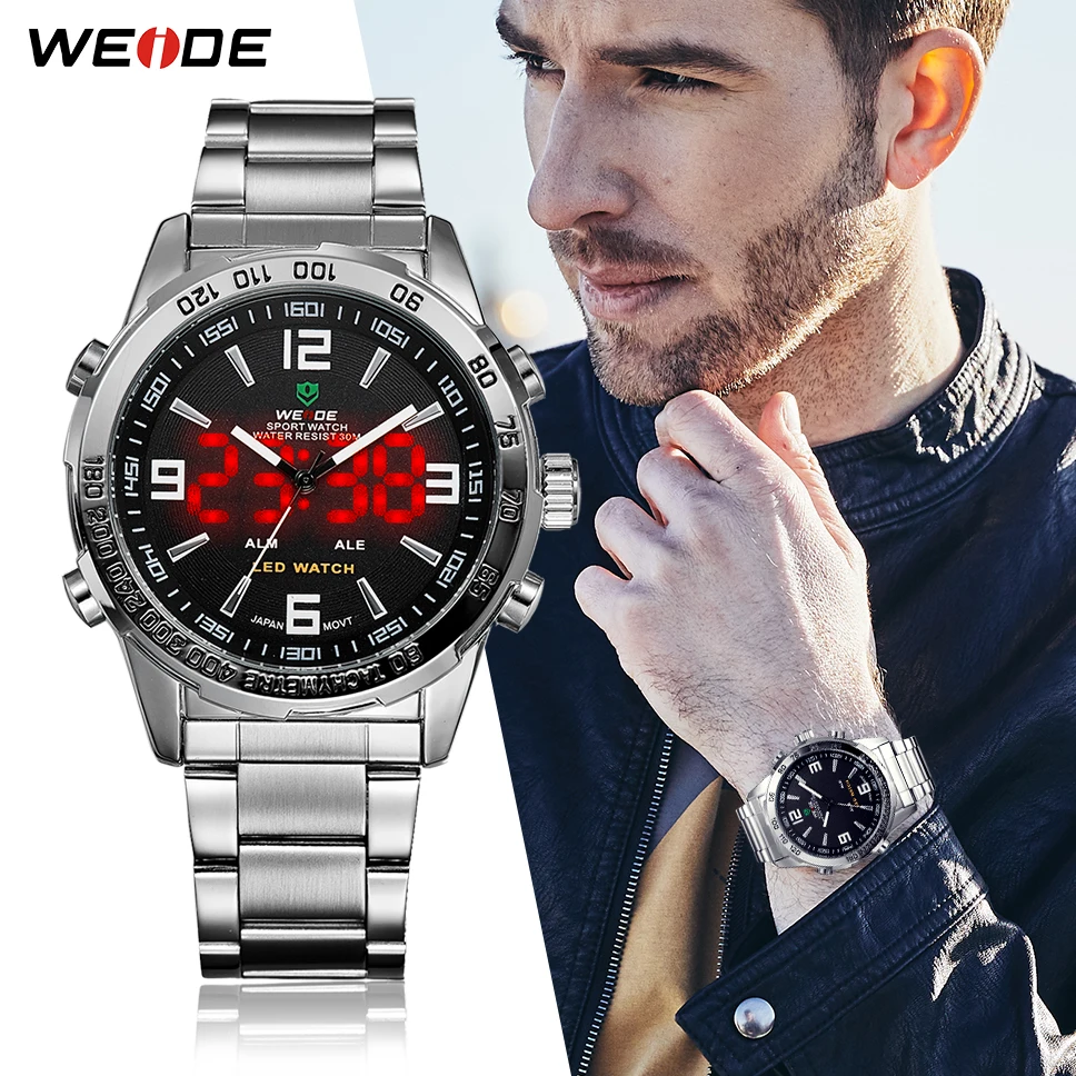 WEIDE спортивные аналоговые LED дисплей мужские часы 30 м водонепроницаемый браслет