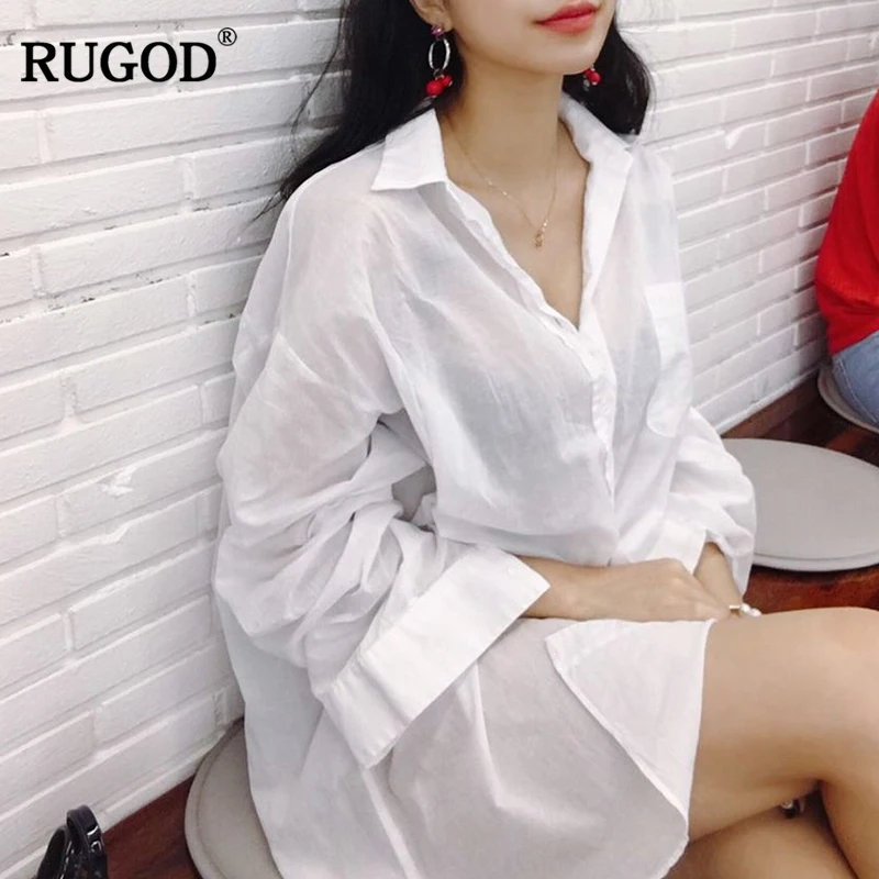 

RUGOD 2018 Летняя Сексуальная Прозрачная женская блузка с длинным рукавом, Повседневная Свободная рубашка с отложным воротником, хлопковая блу...