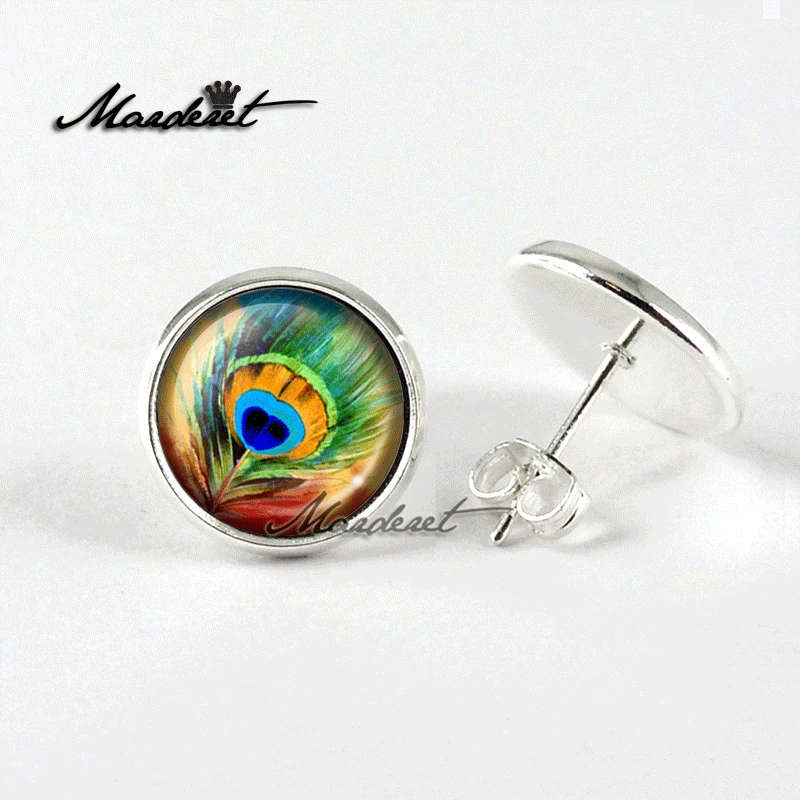 MARDERET Peacock Feather Glass Dome Stud Earrings Vintage Cabochon Back Earring Fashion Jewelry For Women | Украшения и