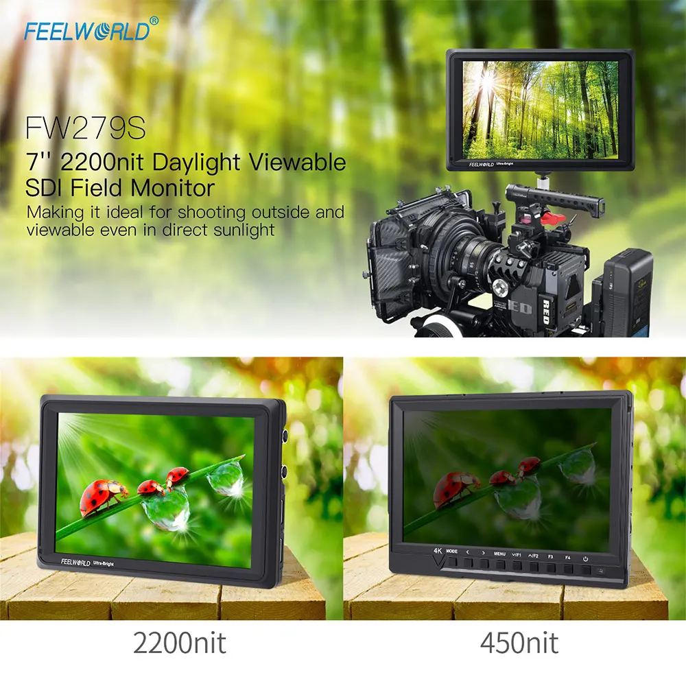 Полевой монитор FEELWORLD FW279S видеокамера для дневного света 7 дюймов 2200 нит 3G-SDI 4K HDMI