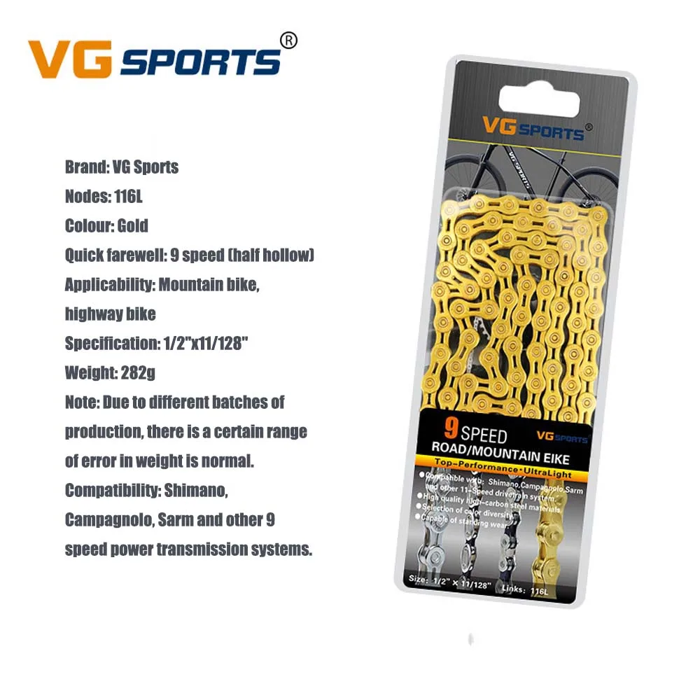 9S Half-Hollow Gold MTB Bicycle Chain 8 9 10 11 Speed Road Bike Full Hollow Chain Mountain Bike Half Hollow Chain Golden Silver Colour VG Sports - Цвет: 9S Half-Hollow Gold