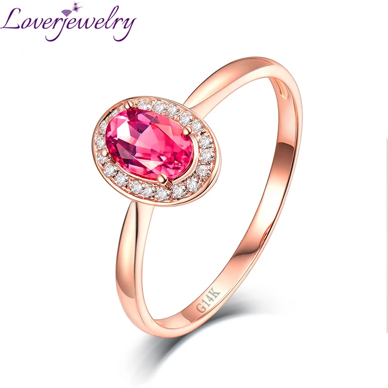 

LOVERJEWELRY Solid 14K Rose Gold Pink Tourmaline Real Diamond Ring Engagement Gemstone Fine Jewelry For Women Party Gift