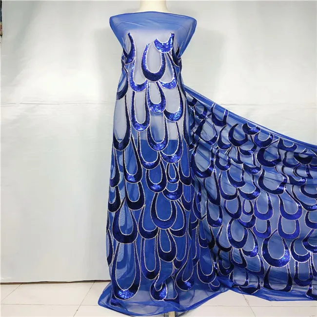 

Hot Sale french lace 5yards/lot cheap african sequins lace fabric blue high quality african tulle lace fabric Y6