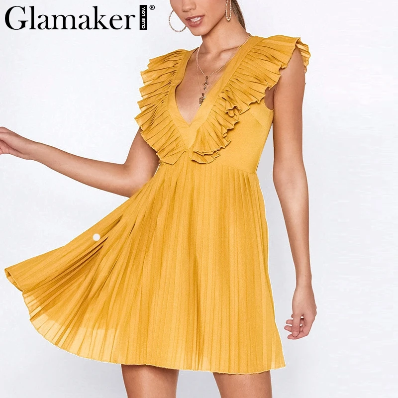 Glamaker сексуальное платье с v-образным вырезом и оборками женское весеннее желтое плиссированное платье без рукавов элегантное мини-клуб летнее платье