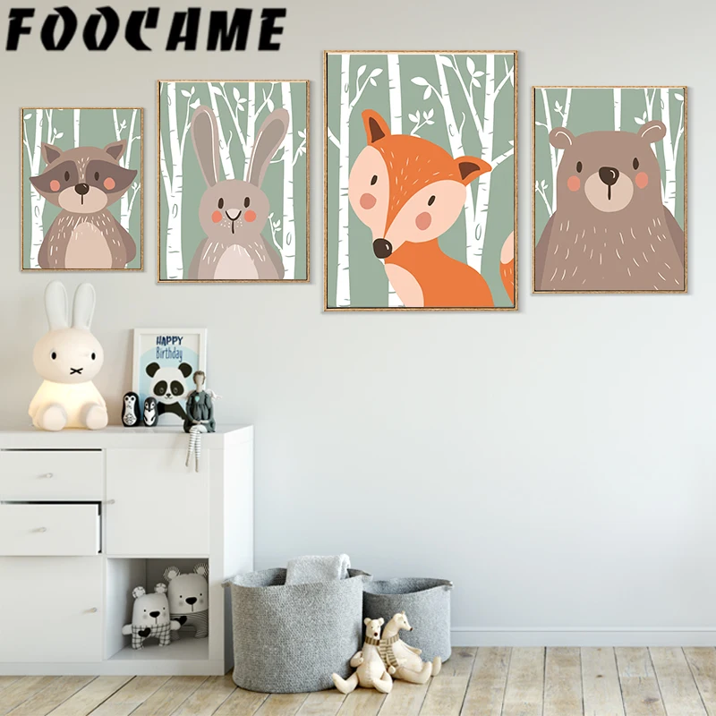 

FOOCAME Bear Fox Rabbit Cartoon Forest Nordic Animal Poster Canvas Painting Wall Art Nursery Print Decoration Pictures Kids Room