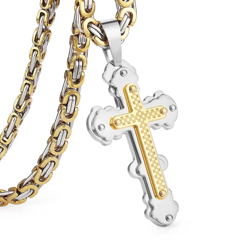 Gold Silver Tone Ожерелье с подвеской в виде Креста Иисуса, нержавеющая сталь, мужские ювелирные изделия, византийская цепочка из тополя, христианское ожерелье, серебряное золото, цвет MN56 - Окраска металла: Gold Silver Tone