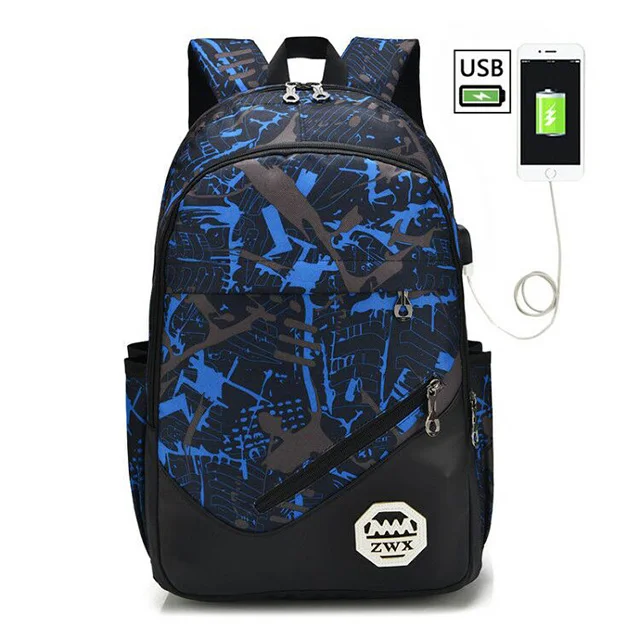 Трендовые школьные сумки, Водонепроницаемый Школьный рюкзак, мужской рюкзак, детский школьный рюкзак с принтом, вместительная мужская сумка с зарядкой через usb, Mochila - Цвет: single blue
