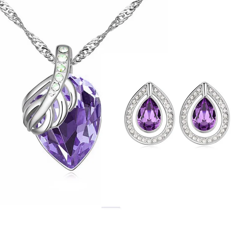 purple Новое поступление стиль серьги-гвоздики хрустальные подвески и ожерелье Ювелирные наборы для женщин - Окраска металла: purple