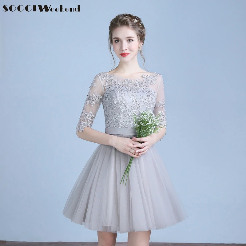 SOCCI/серые Короткие коктейльные платья, рукав три четверти, Тюлевое кружевное платье для выпускного вечера, официальное свадебное платье, Vestidos de curtos