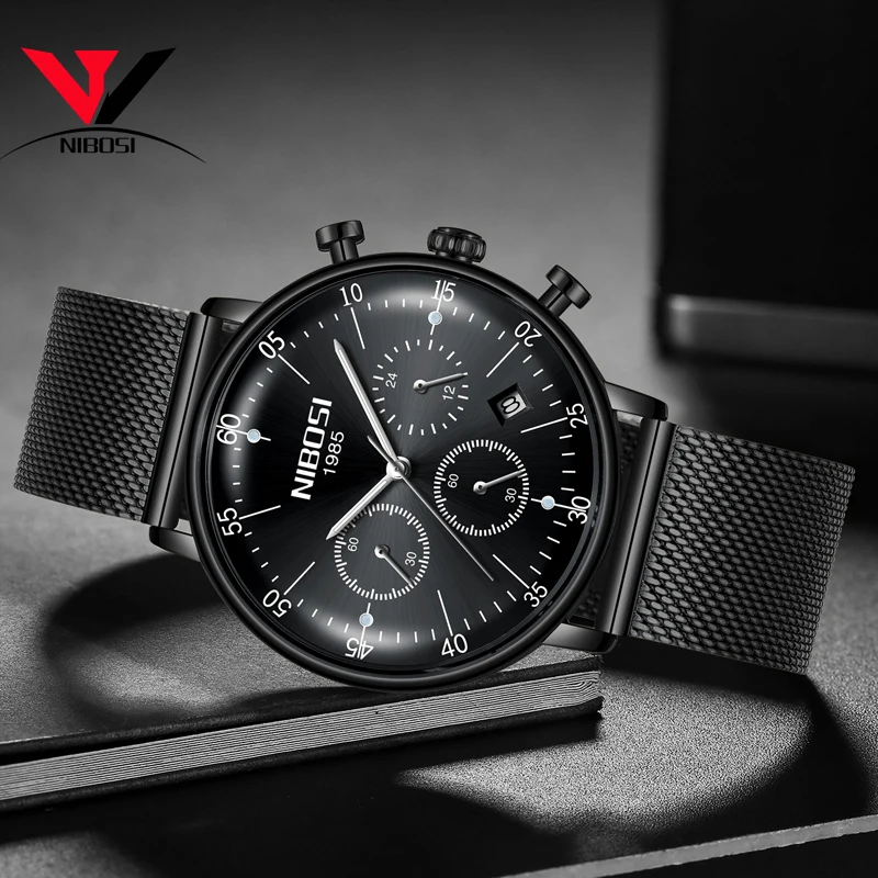 IBOSI Топ люксовый бренд кварцевые часы мужские черные повседневные из нержавеющей