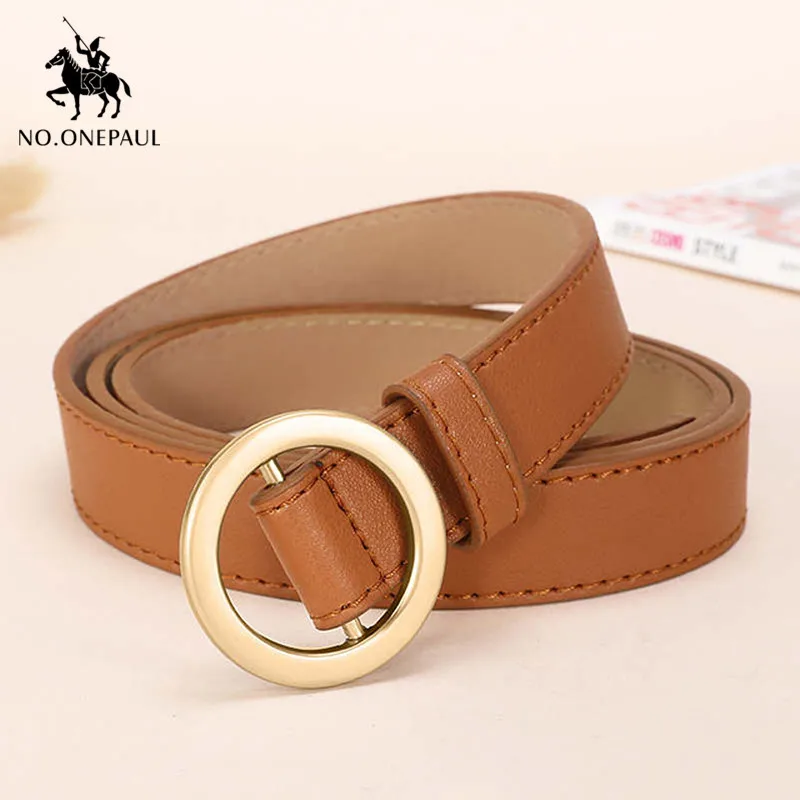 

NO.ONEPAUL Belt female non-porous free adjustment non-porous simple wild student retro gold hole round buckle ladies small belt
