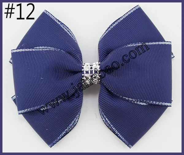 

free shipping 50pcs 4.5''double layered hair bows silver edge Handmade rhinestone Hair Bows silver edge girl hair bows with cli