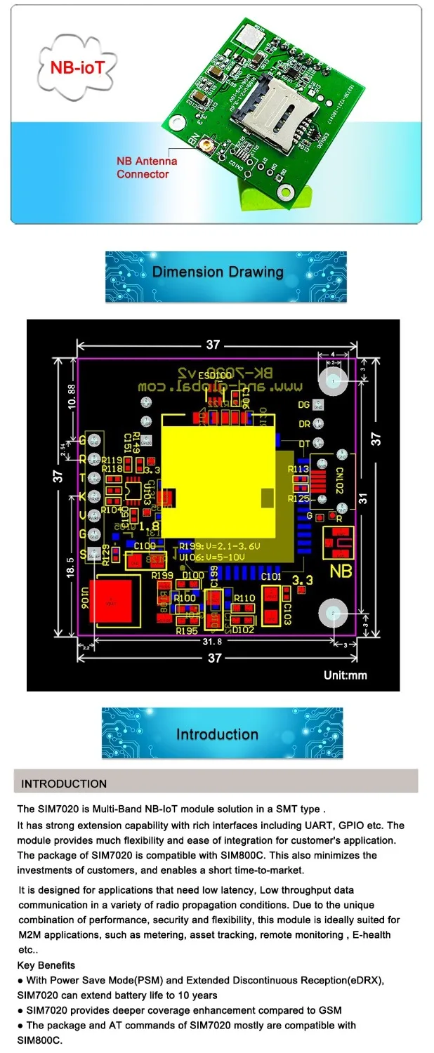 LTE NB IoT модуль основной платы BK SIM7020E плата B1/B3/B5/B8/B20/B28 без антенны RCmall| |