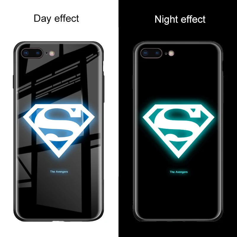 Luminous Glass Case For iPhone X 7 8 6 6s Plus XS Max XR Marvel Batman Superman Spiderman Avengers Black Panther iron Man Cover |
