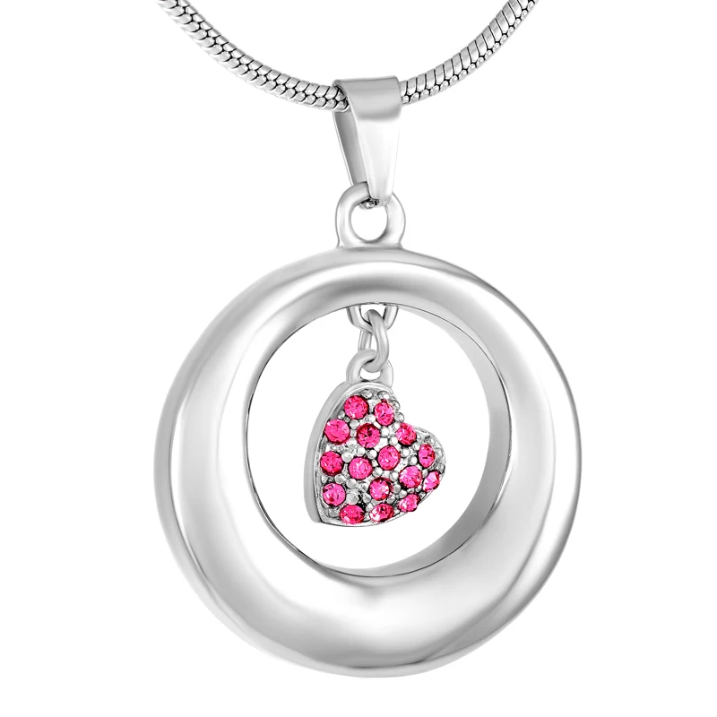 IJD9286 Hold Pink Хрустальное сердце Шарм и круг Нержавеющая сталь кремации ювелирные