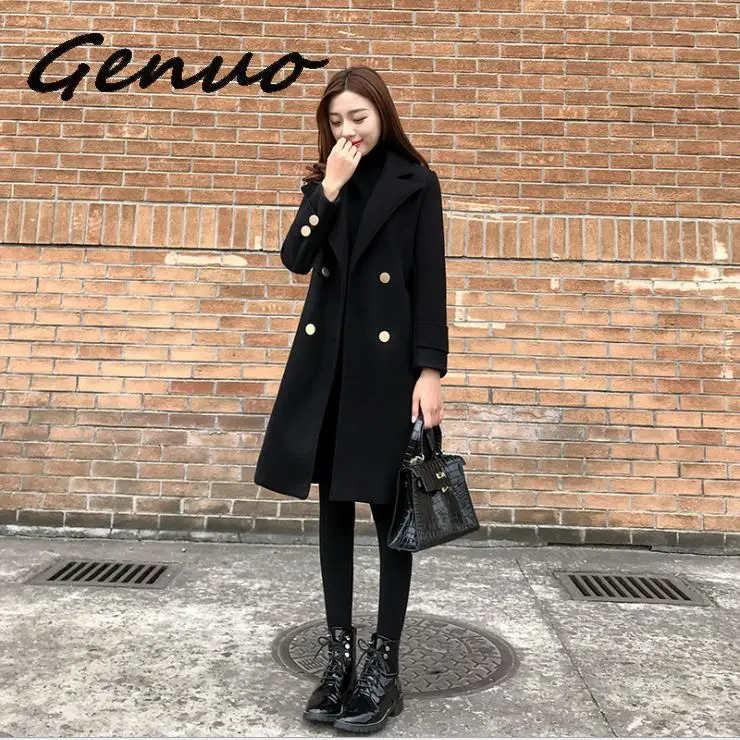 Женское шерстяное пальто свободное тонкое черное в Корейском стиле Осень зима